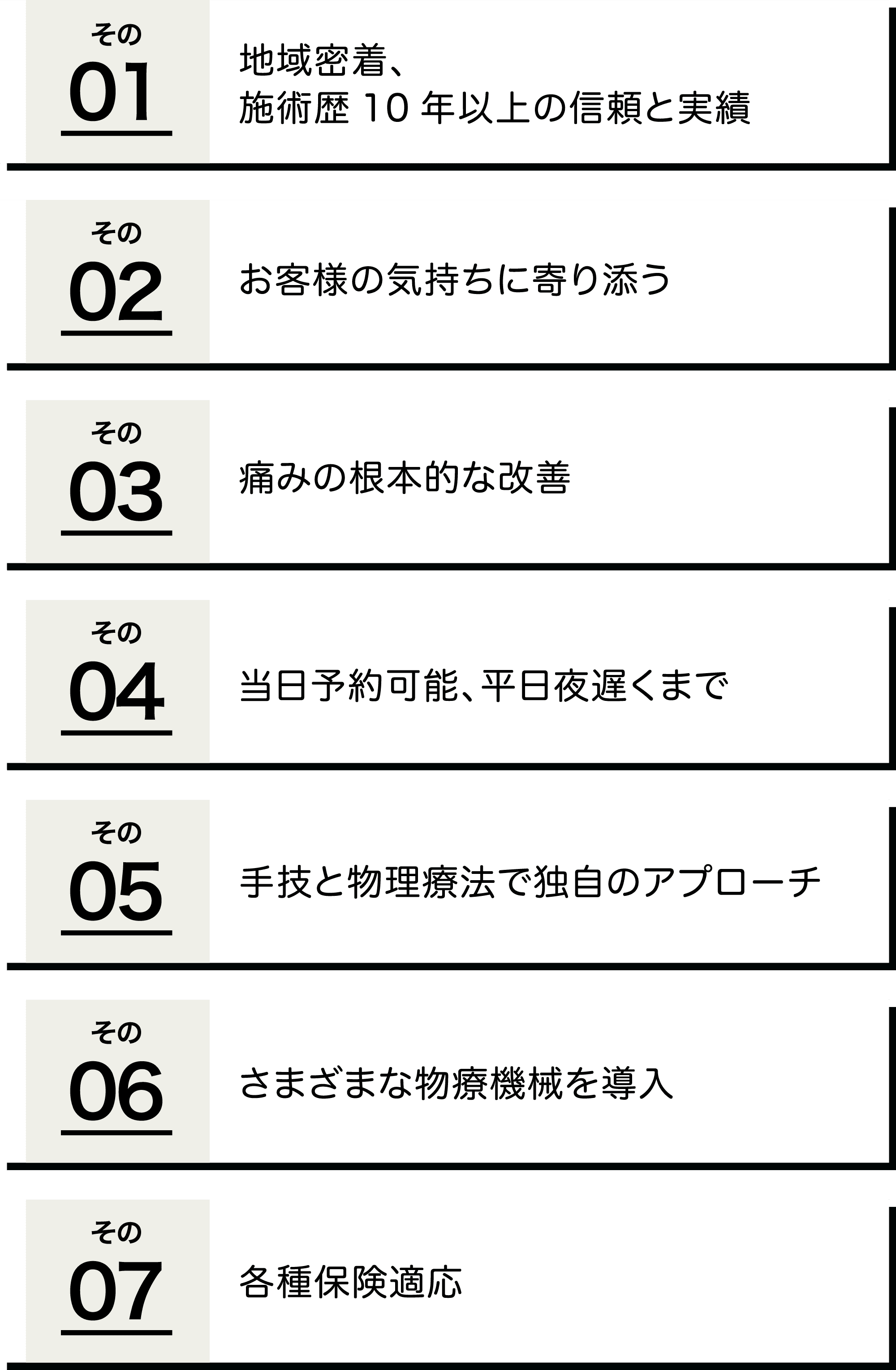 その01 地域密着、施術歴10年以上の信頼と実績 その02 お客様の気持ちに寄り添う その03 痛みの根本的な改善 その04 当⽇予約可能、平⽇夜遅くまで その05 ⼿技と物理療法で独⾃のアプローチ その06 さまざまな物療機械を導⼊ その07 各種保険適応